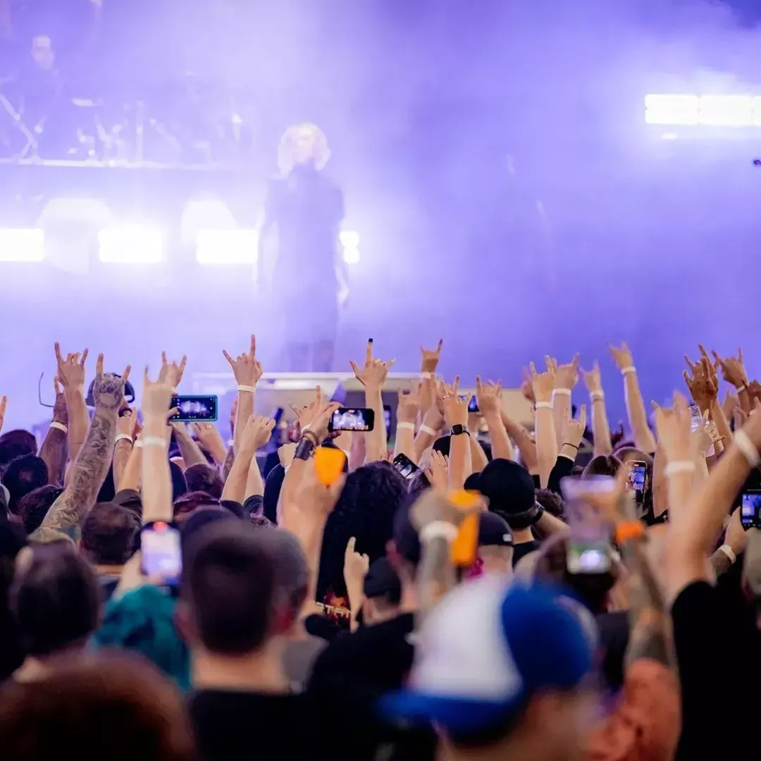 performer with excited crowd and raised arms