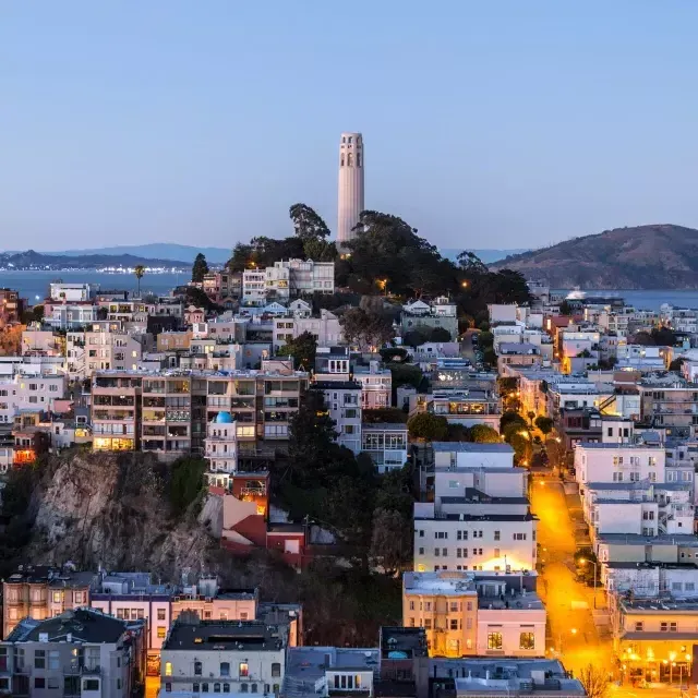 Coit Tower, em São Francisco, ao anoitecer, 前面是灯火通明的街道，后面是威尼斯人官网平台app湾.